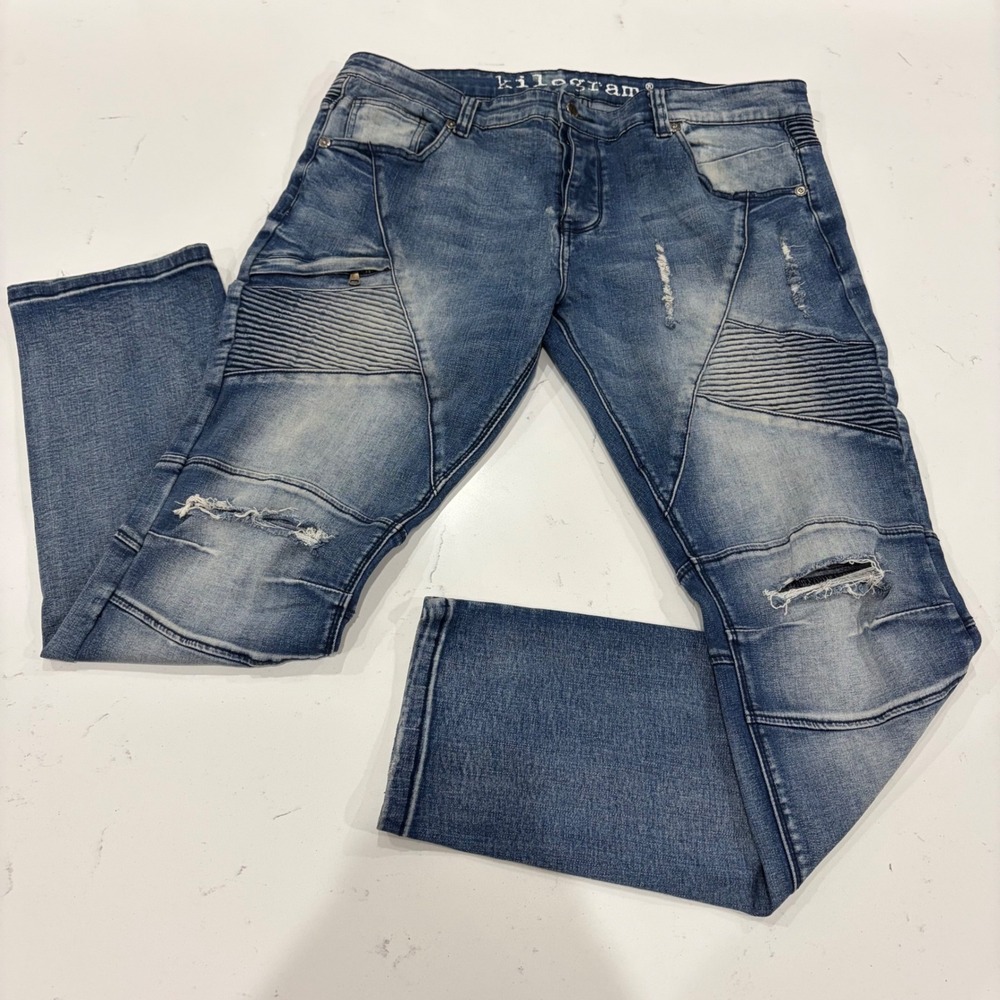 Kilogram Mens Moto Biker Jeans Blue Distressed Ribbed Denim Pants Size 40